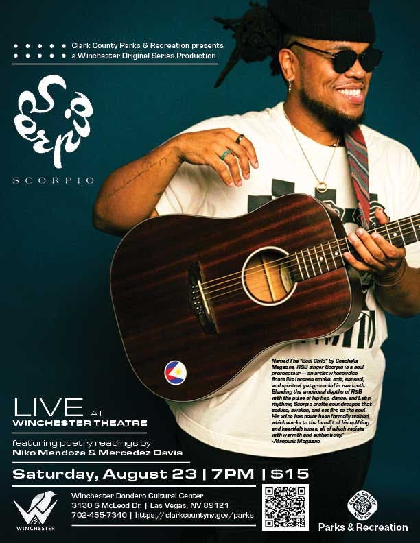 A musician holding a Scorpio-branded guitar is featured in promotional material for a live event. The setting is Winchester Theatre, with poetry readings by Niko Mendoza and Mercedes Davis. The event details include Saturday, August 23 at 7 PM, with a ticket price of $15. The design includes bold typography and artistic visuals.