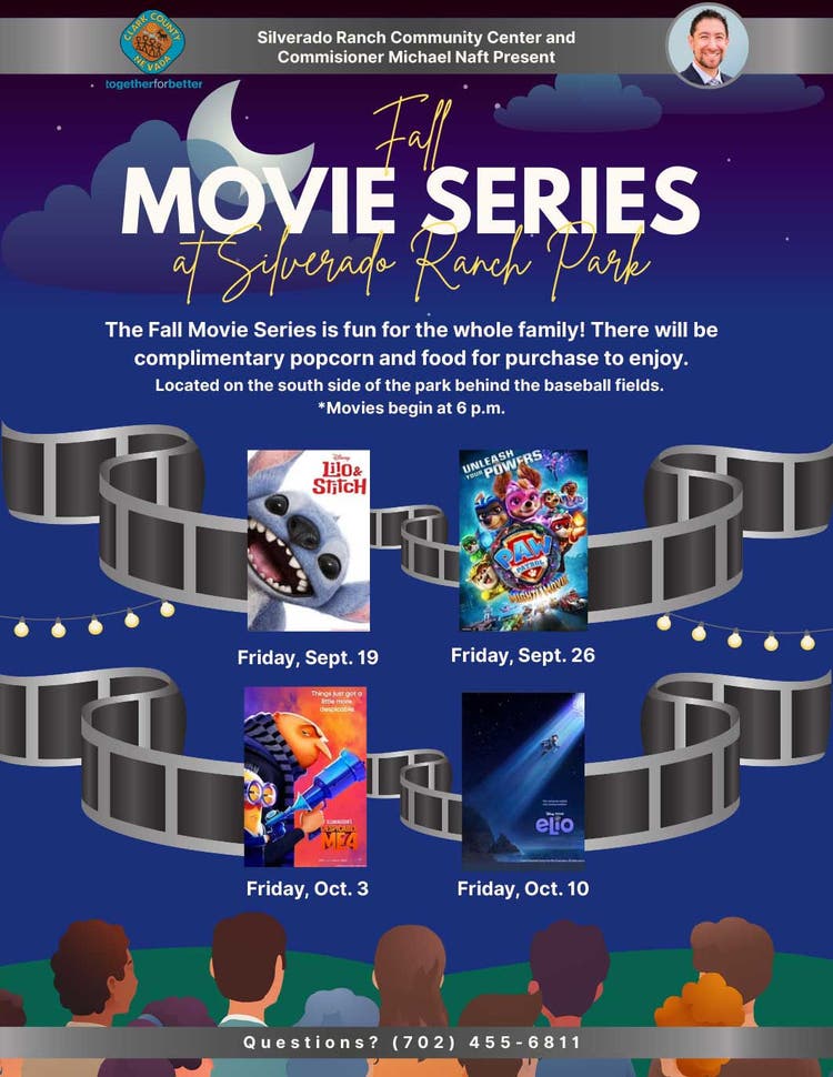 Promotional poster for a family-friendly movie series at Silverado Ranch Park. The event offers complimentary popcorn and food for attendees. Movies are scheduled on Fridays at 6 p.m., with dates including September 19, September 26, October 3, and October 10. The poster features colorful visuals of movie covers and event details.