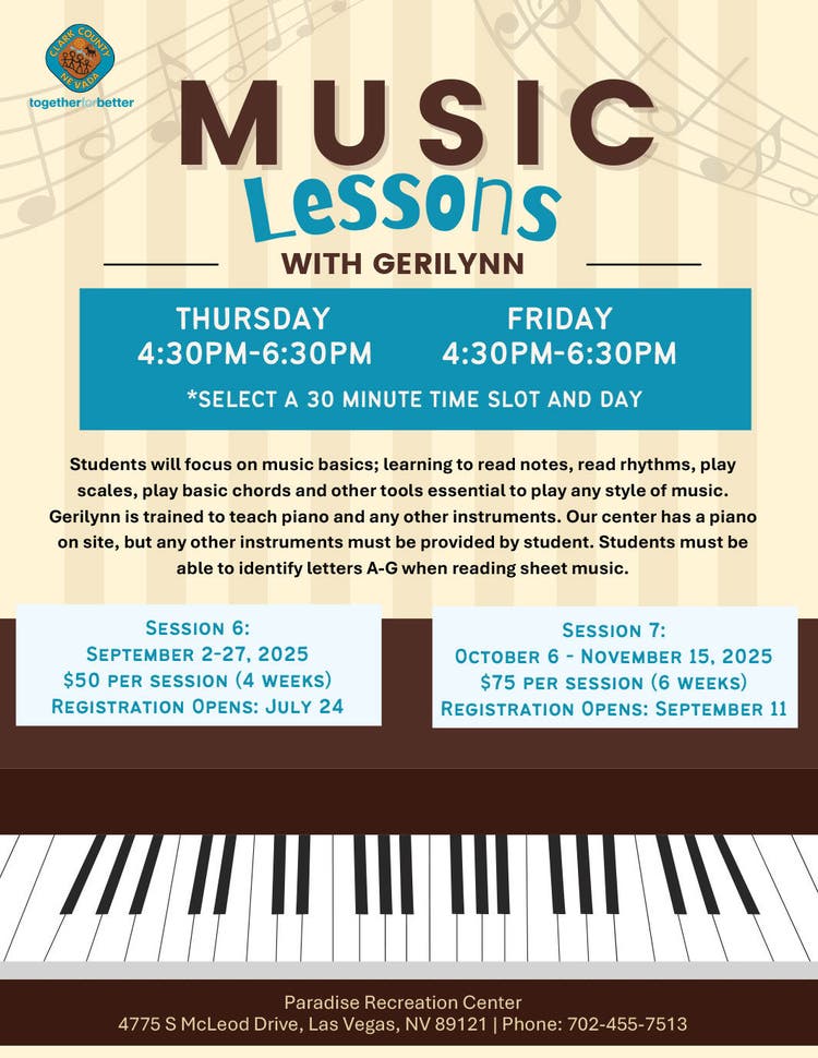 flyer for Private Music Lessons at Paradise Rec Center