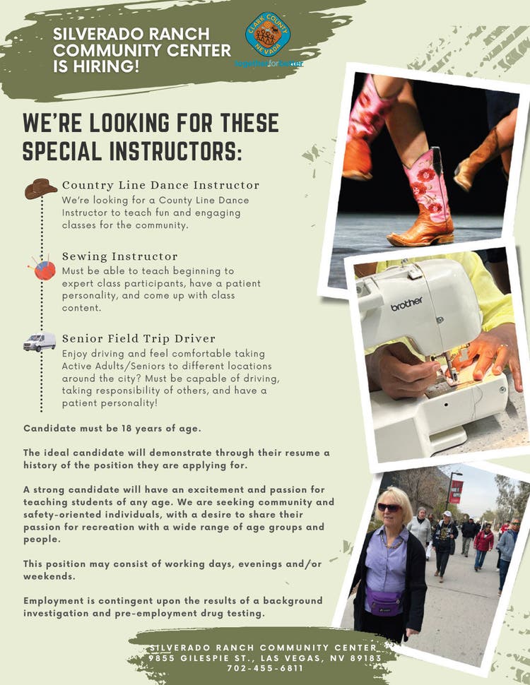 Silverado Ranch Community Center is seeking special instructors for various roles, including Country Line Dance Instructor, Sewing Instructor, and Senior Field Trip Driver. The flyer features images of sewing equipment, a group of seniors walking outdoors, and a close-up of a sewing machine labeled 'Brother.' Contact details include the address 8955 Gillespie St., Las Vegas, NV 89183, and phone number 702-455-8331.