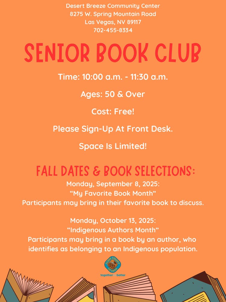 An orange flyer promoting the Senior Book Club at Desert Breeze Community Center in Las Vegas, NV. The event is free and open to individuals aged 50 and over, with meetings scheduled for September 8, 2025, and October 13, 2025. Key themes include 'My Favorite Book Month' and 'Indigenous Authors Month.' Visible text includes the address, contact number, and event details.