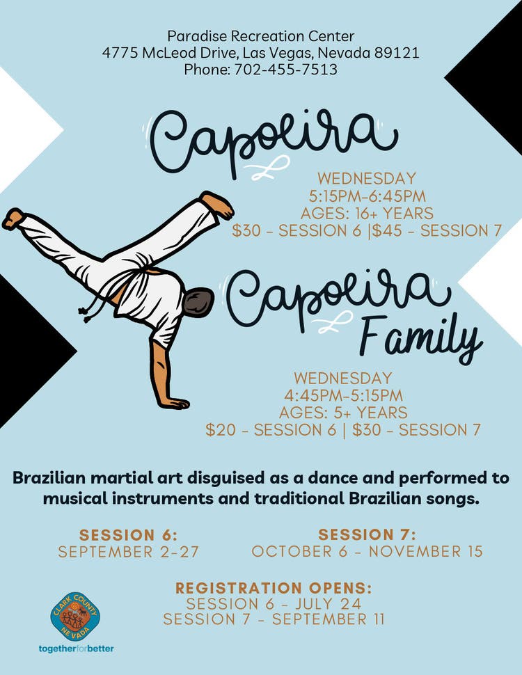Capoeira classes flyer for Paradise Rec Center