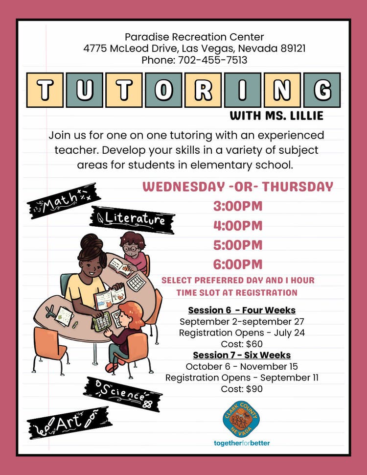 flyer for Private Tutoring at Paradise Rec Center
