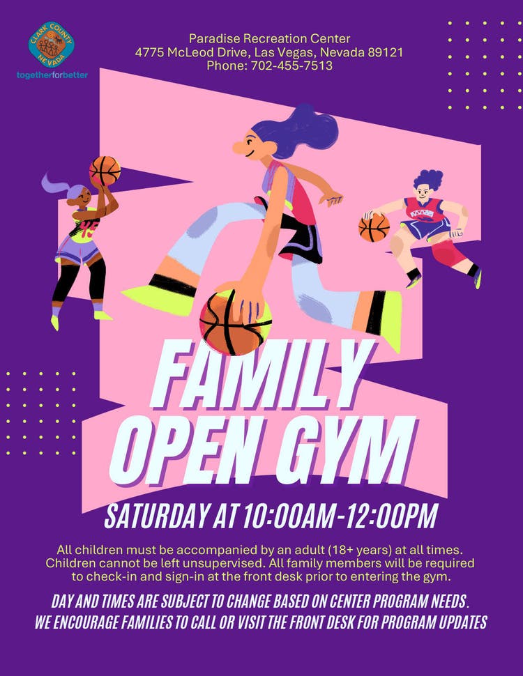 Flyer for Family Open Gym at Paradise Rec Center