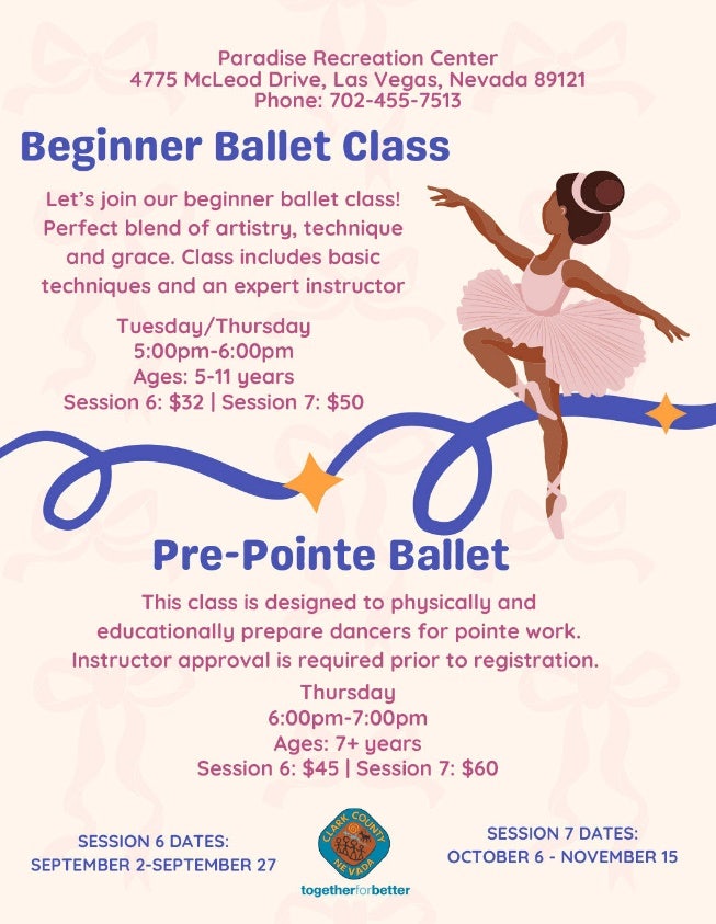 Flyer for Beginner Ballet and Pre Pointe at Paradise Rec Center