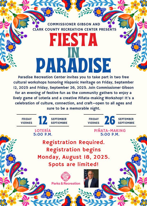 A vibrant flyer promoting 'Fiesta in Paradise' at Paradise Recreation Center, featuring cultural workshops on September 12, 2025, and September 26, 2025. The events include Lotería at 5:00 PM and piñata-making at 5:00 PM, celebrating Hispanic Heritage. The design includes colorful floral patterns, visible text details, and a focus on community engagement.