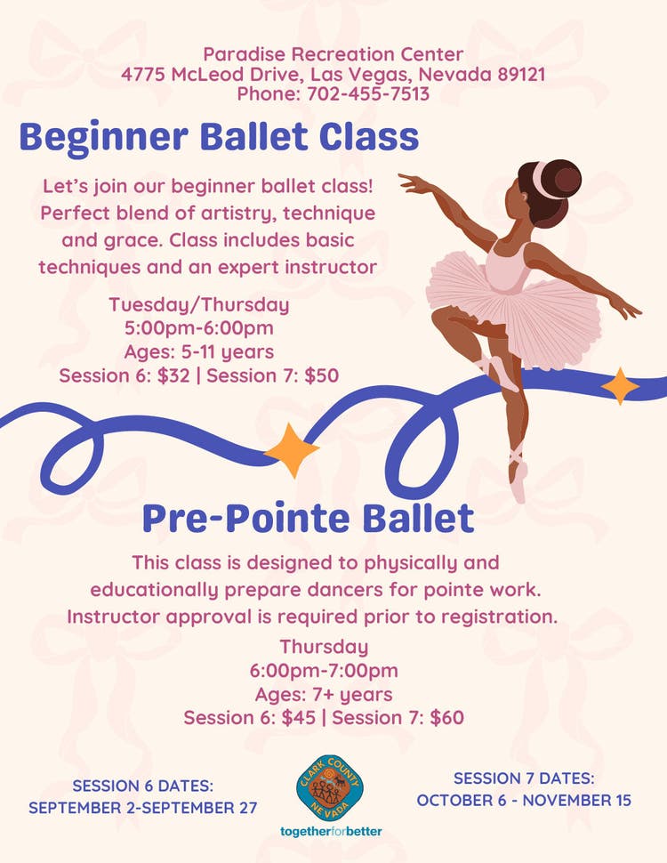 Flyer for Beginner Ballet and Pre Pointe at Paradise Rec Center