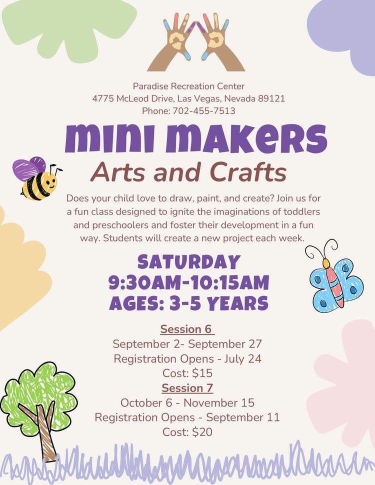FLyer for Mini Makers - Arts and Crafts at Paradise Rec Center