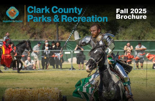 A knight in shining armor participates in a jousting event at an outdoor festival. The setting features a grassy field with spectators in the background and a medieval-themed atmosphere. The text 'Clark County Parks & Recreation' and 'Fall 2025 Brochure' is prominently displayed. The event highlights historical reenactments and community engagement.