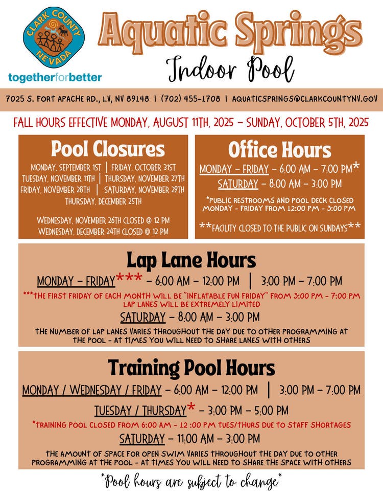 Hours for Aquatic Spring Indoor Pool Fall 2025 season