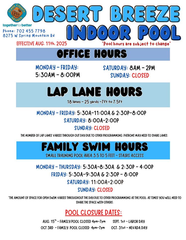 A detailed schedule for the Desert Breeze Indoor Pool, effective August 11th, 2025. Includes office hours, lap lane hours, and family swim hours. The pool features 18 lanes of varying depths (7 ft to 7.5 ft) and a small training pool area (3.5 ft to 5 ft) with stairs access. Notable closure dates include August 15th, September 4th, and October 31st.