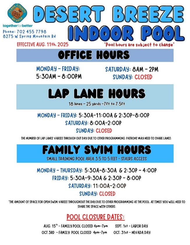 A detailed schedule for the Desert Breeze Indoor Pool, effective August 11th, 2025. Includes office hours, lap lane hours, and family swim hours. The pool features 18 lanes of varying depths (7 ft to 7.5 ft) and a small training pool area (3.5 ft to 5 ft) with stairs access. Notable closure dates include August 15th, September 4th, and October 31st.