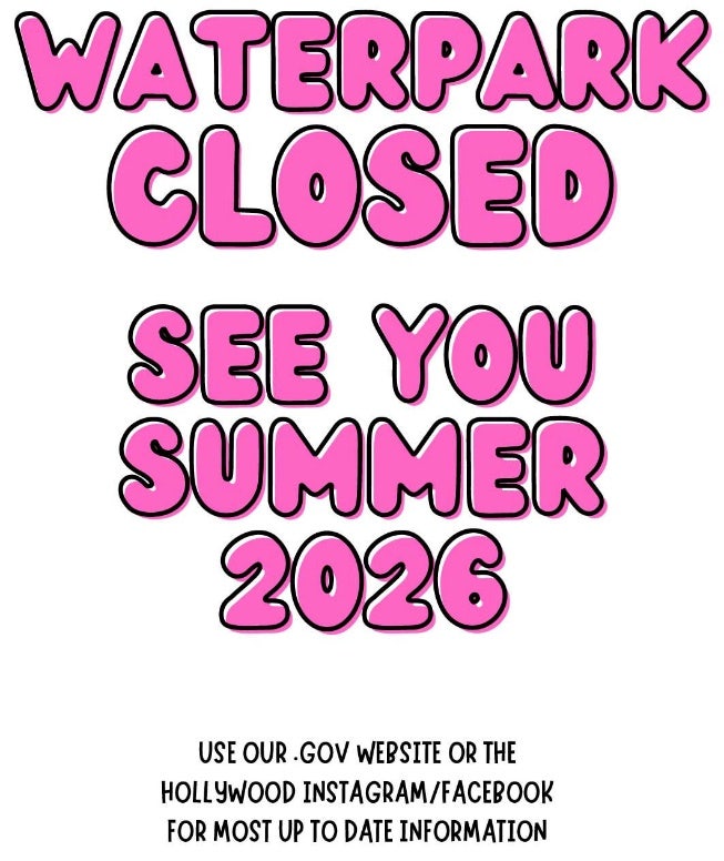 A bold announcement stating 'Waterpark Closed' with a follow-up message 'See You Summer 2026' in large pink text. The design features playful typography and directs viewers to a .gov website or social media for updates. The message is clear and prominently displayed.