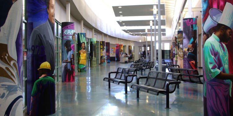 Colorful mural in modern public hallway